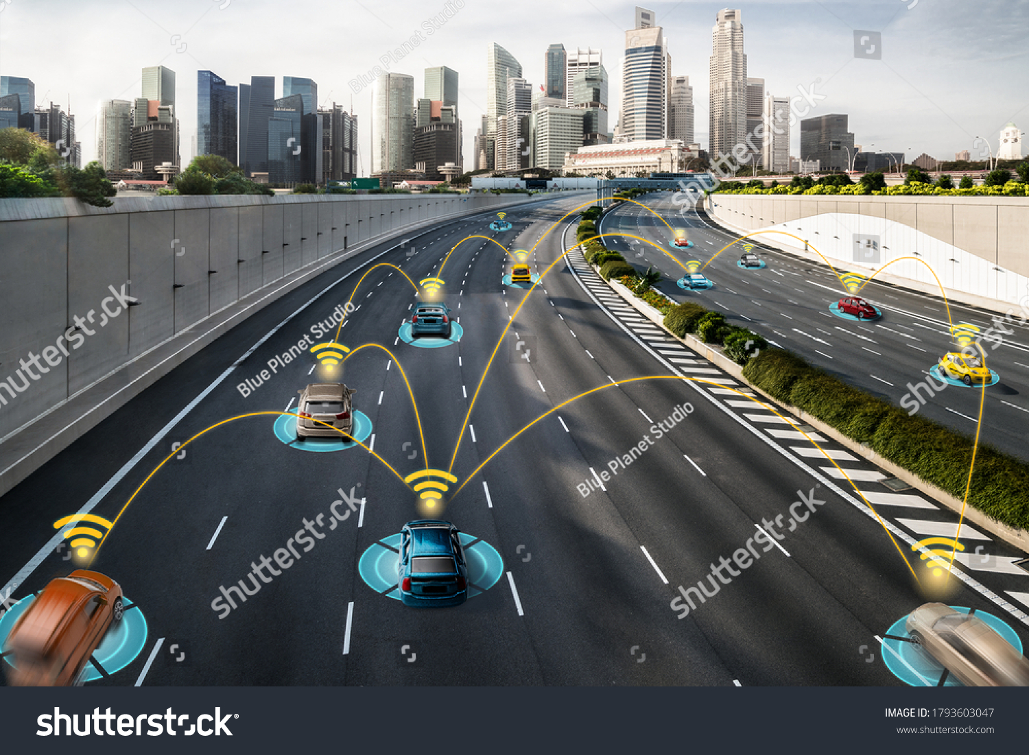 Autonomous car sensor system concept for safety of driverless mode car control . Future adaptive cruise control sensing nearby vehicle and pedestrian . Smart transportation technology . #1793603047