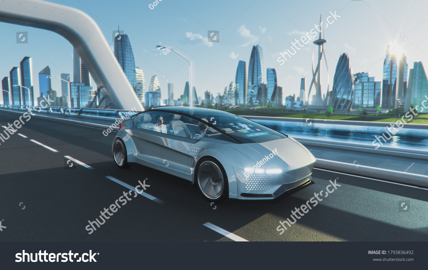 Shot of a Futuristic Self-Driving Van Moving on a Public Highway in a Modern City with Glass Skyscrapers. Beautiful Female and Senior Man are Having a Conversation in a Driverless Autonomous Vehicle. #1793836492