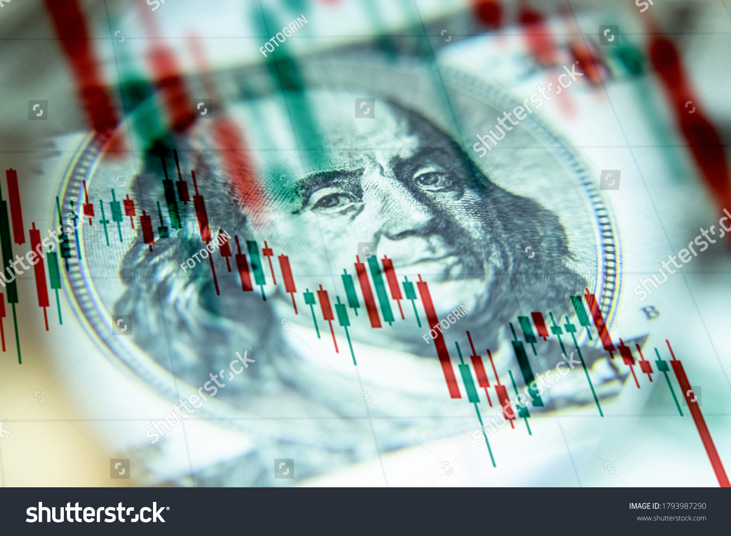 The us dollar against the background of a declining chart. U.S. economy. The economic crisis in America. Decrease in profit. Recession. #1793987290