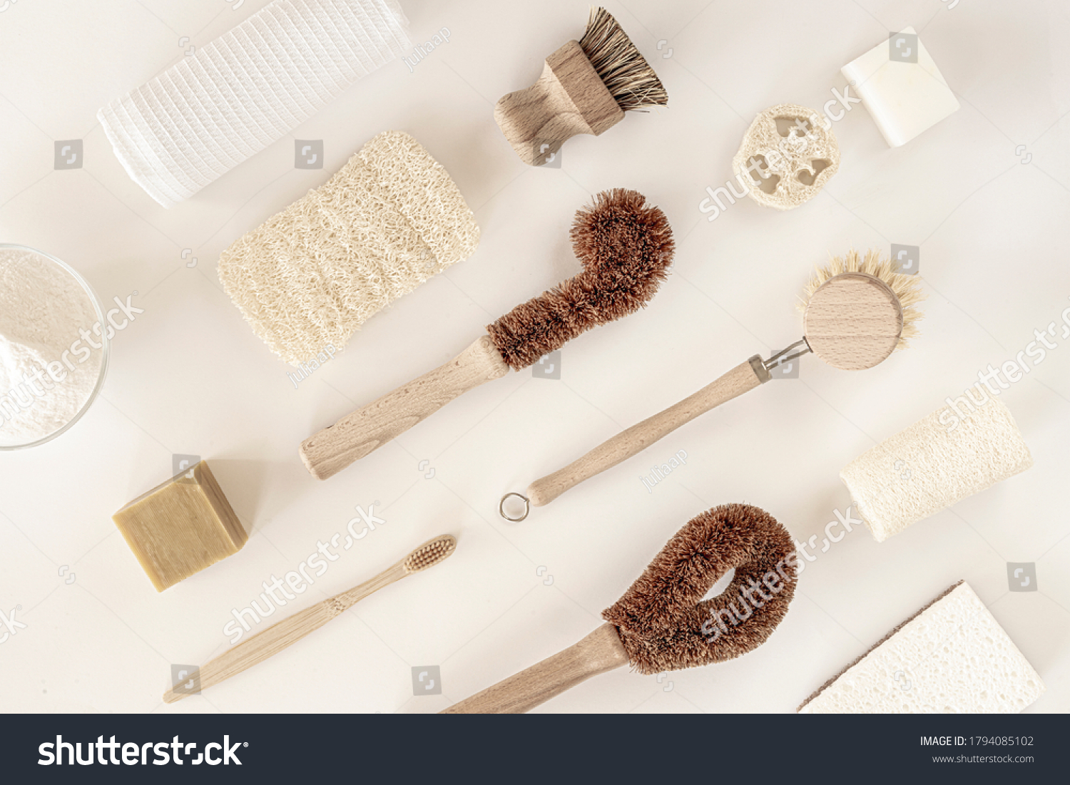 Zero waste kitchen cleaning concept. Eco friendly natural cleaning tools and products, bamboo dish brushes and lemon with baking soda. No plastic, eco-friendly lifestyle. Top view, flat lay. #1794085102