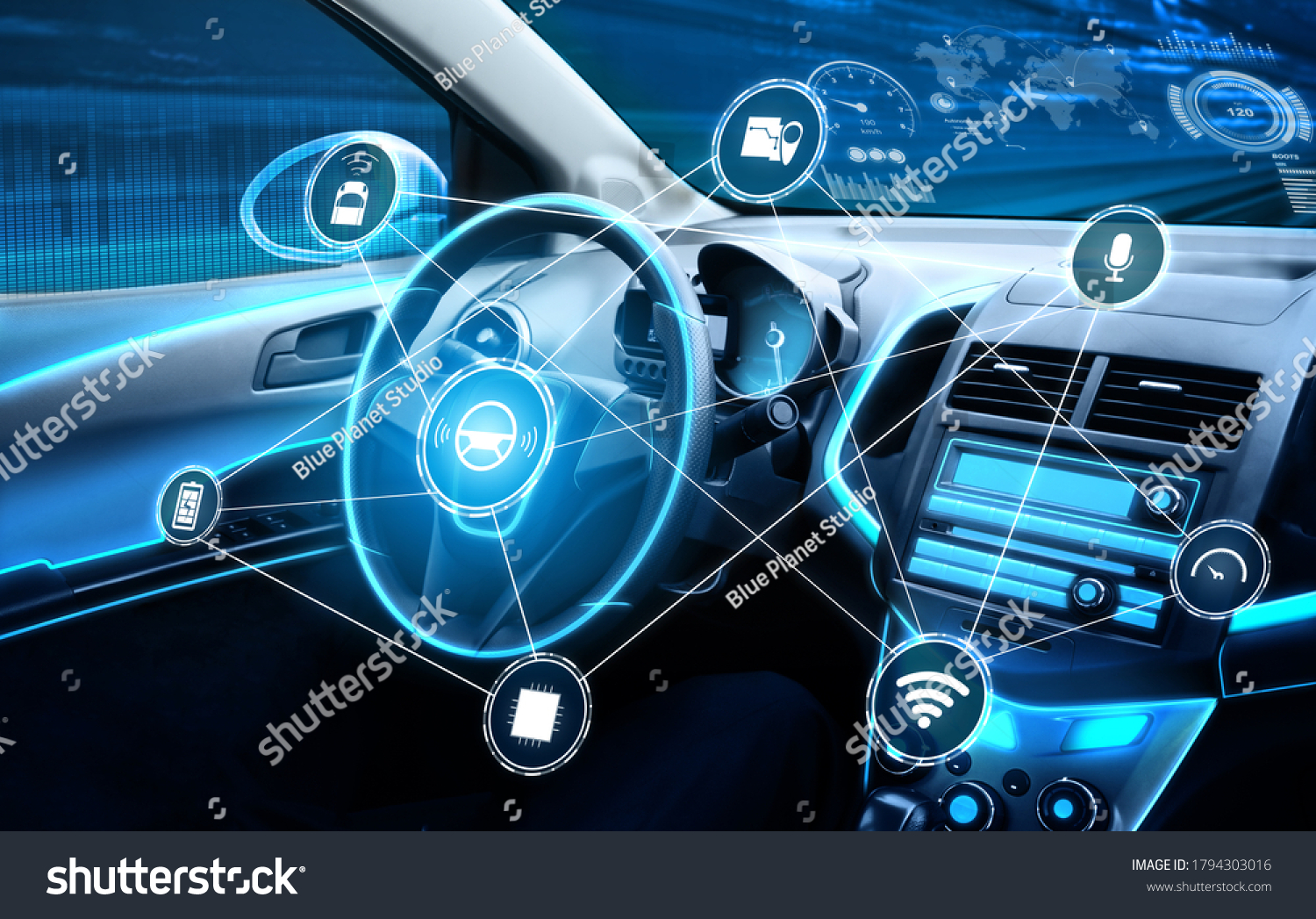 Driverless car interior with futuristic dashboard for autonomous control system . Inside view of cockpit HUD technology using AI artificial intelligence sensor to drive car without people driver . #1794303016