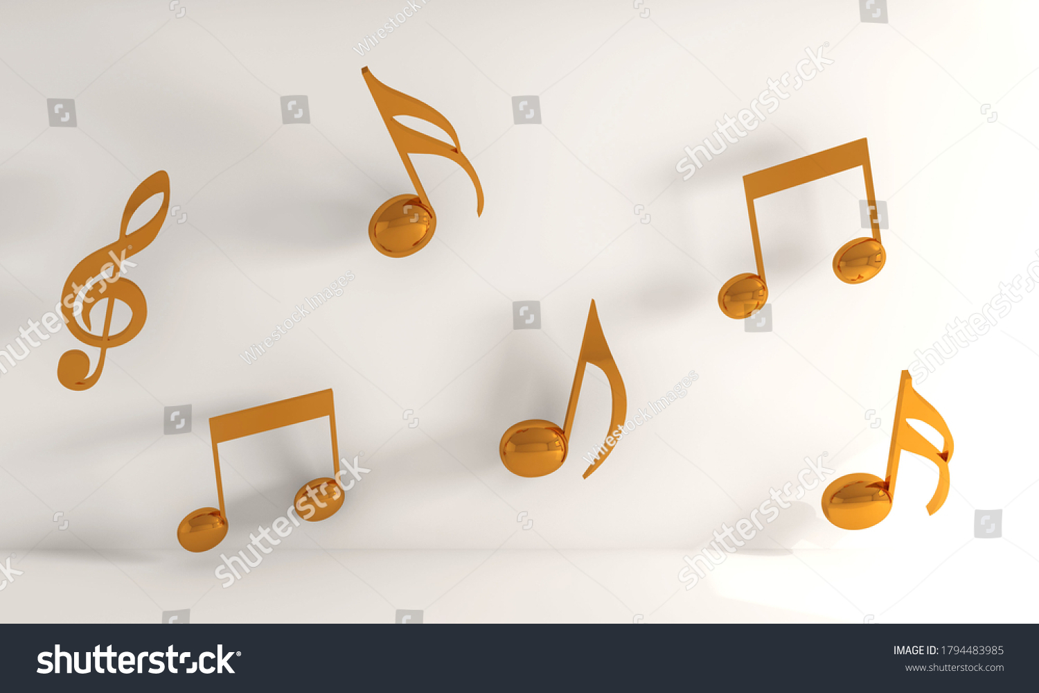 A 3D rendering illustration of yellow music notes on a white background #1794483985