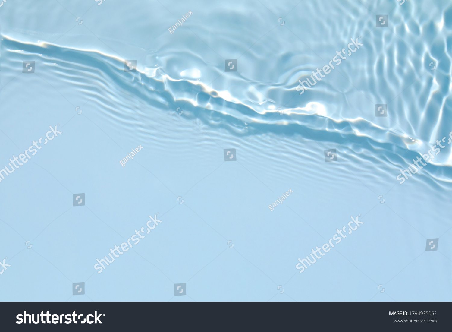 Blurred transparent blue colored clear calm water surface texture with splashes and bubbles. Trendy abstract nature background. Water waves in sunlight with copy space. #1794935062