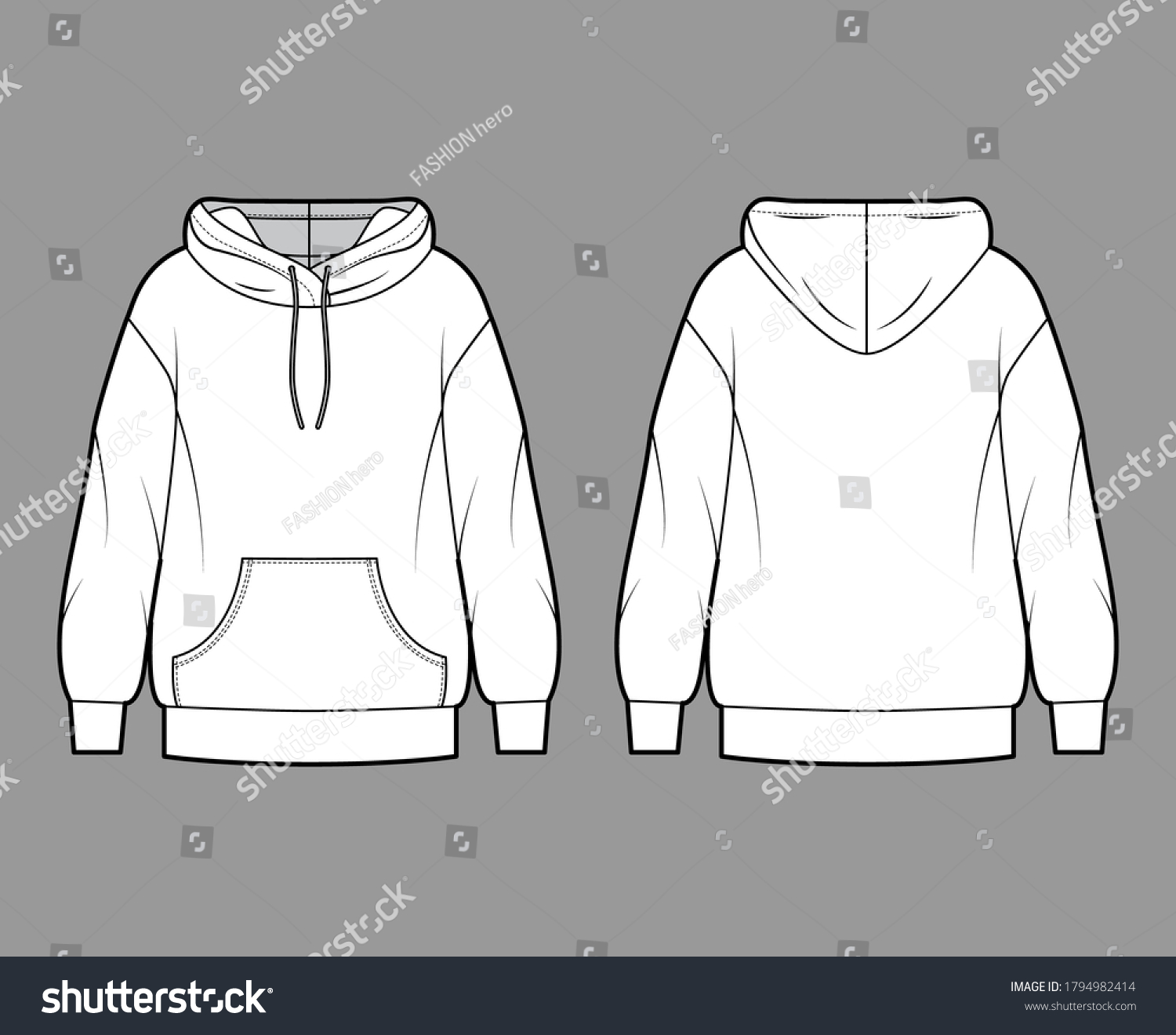 Oversized cotton-fleece hoodie technical fashion illustration with pocket, relaxed fit, long sleeves. Flat outwear jumper apparel template front back white color. Women, men, unisex sweatshirt top CAD #1794982414
