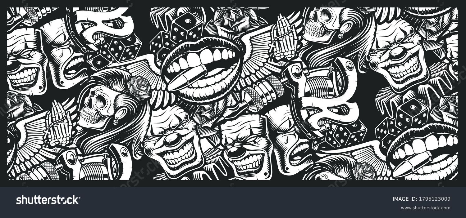 Seamless pattern on tattoo theme with a skull, mask, tattoo machine, and other elements tattoo. Ideal for printing for fabric, wall decoration, and many other uses #1795123009