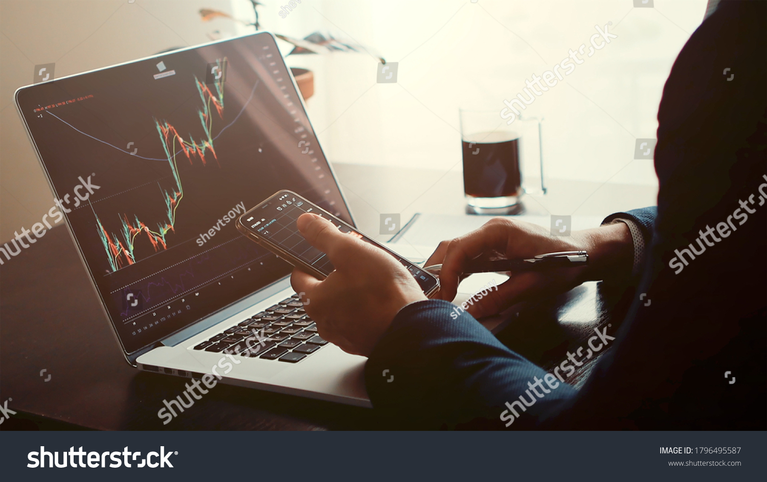 investment stockbroker profit analysis. Stock trading graph price prediction and profit gain. Trade graph chart bitcoin. Financial manager workplace desk  #1796495587