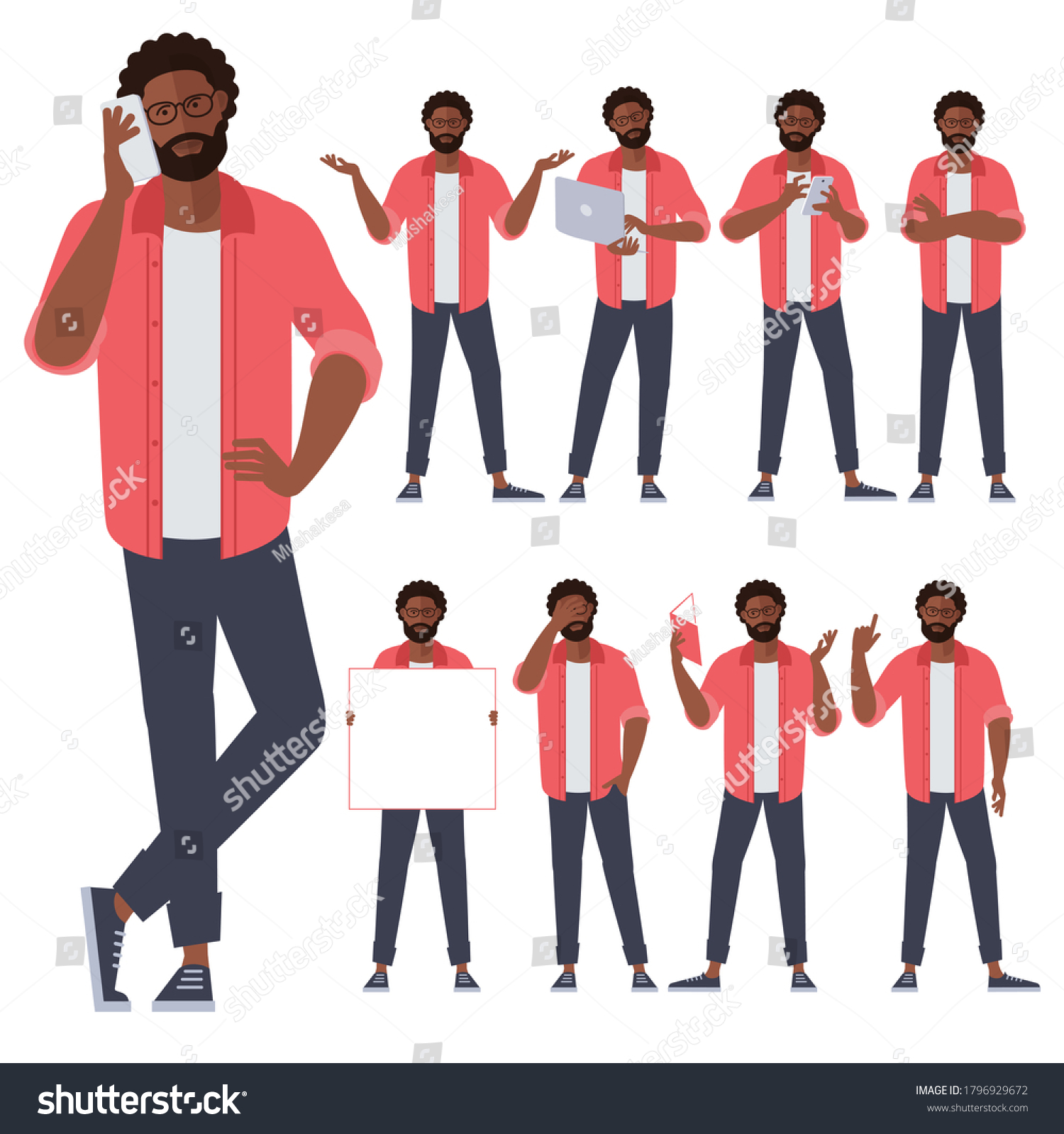 Set of flat design young black afro american man characters, various poses and gestures and everyday activities. Learning, chatting, phonning, working. #1796929672
