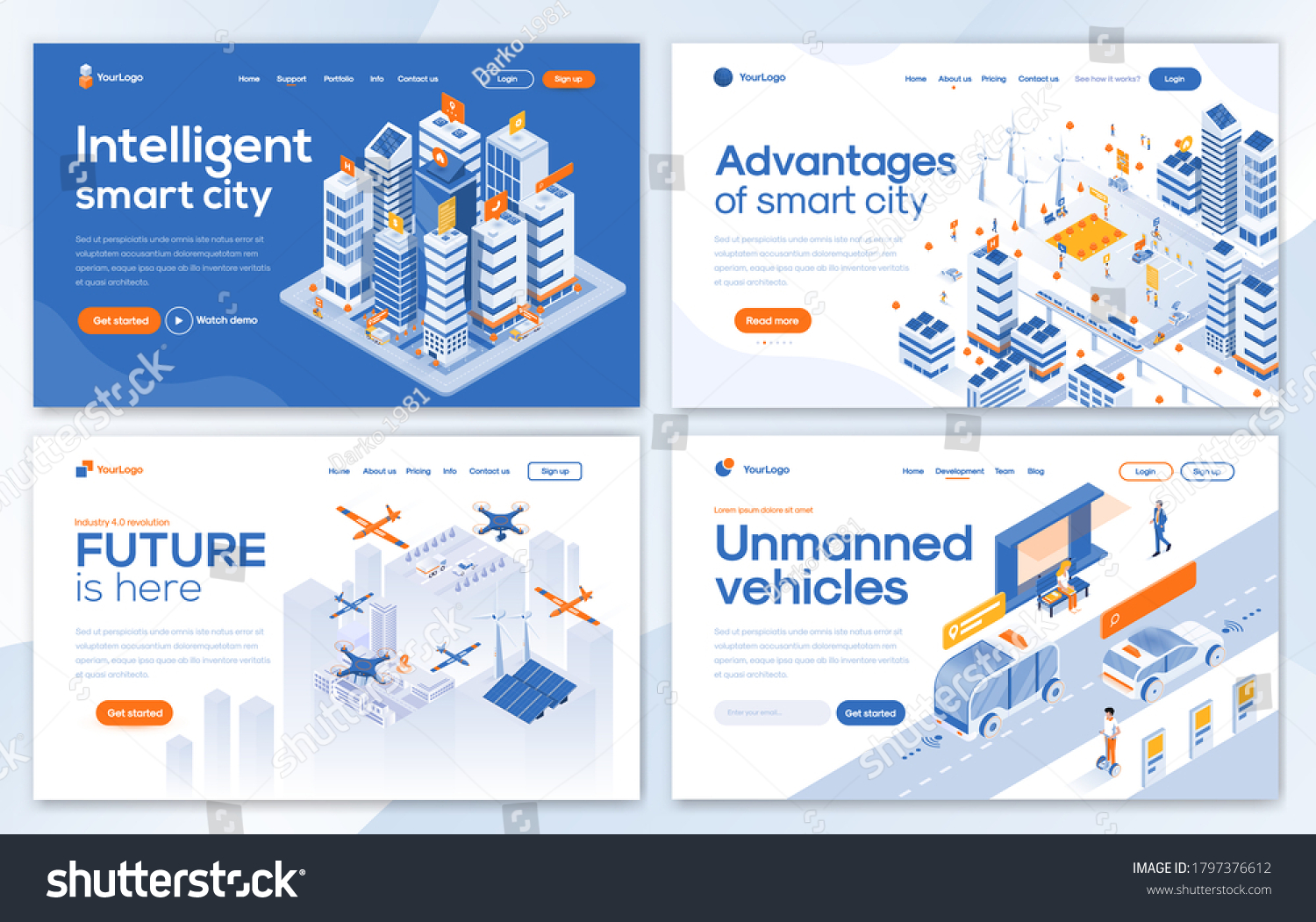 Set of Landing page design templates for Intelligent smart city, Advantages of smart city, Future is here and Unmanned vehicles. Easy to edit and customize. Modern Vector illustration concepts #1797376612