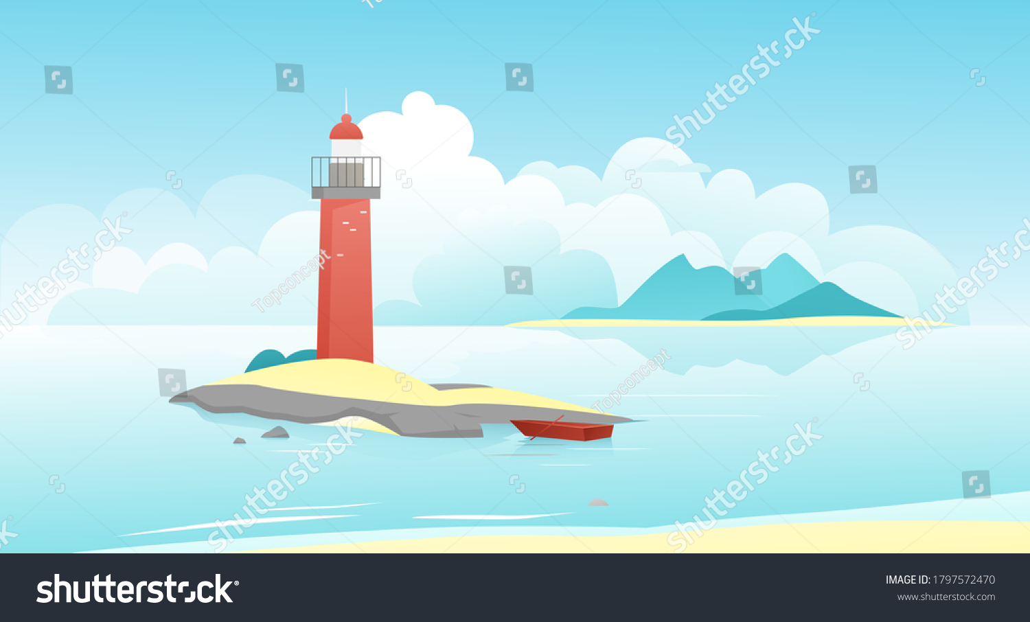 Landscape with lighthouse vector illustration. Cartoon natural peaceful scenery, lighthouse on scenic rock island and moored fishing boat, calm sea water and mountains on horizon, seascape background