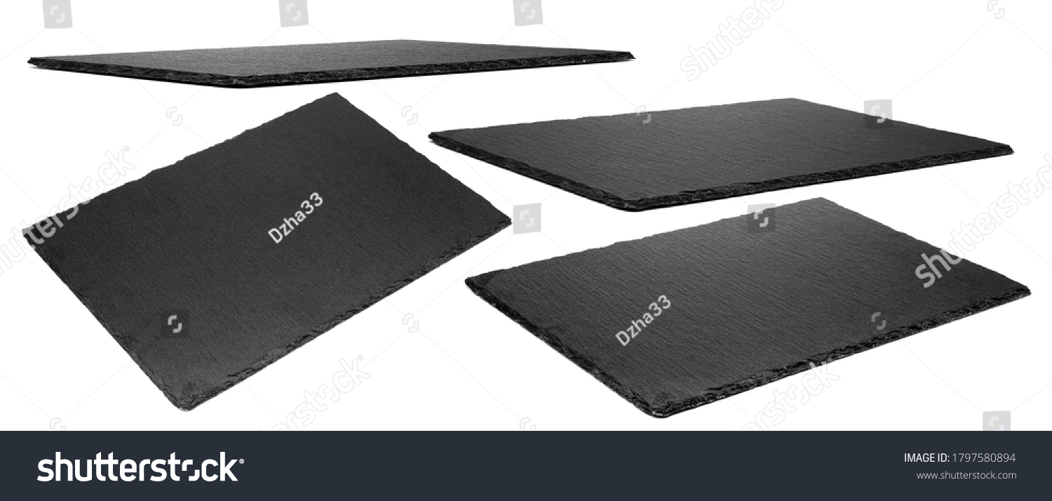 Slate plate isolated on white background. Kitchen stone tray for food. Set of empty black granite stone rectangle board. #1797580894