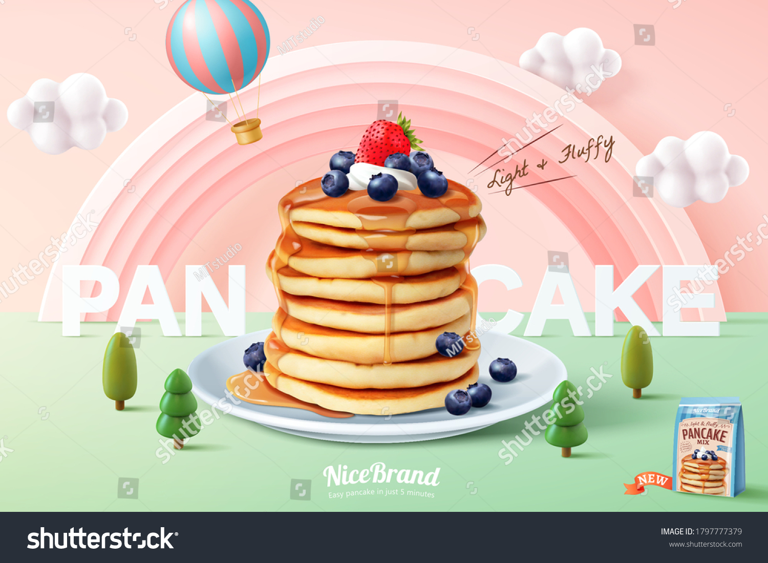 Fluffy pancake ad template, stack of pancakes with maple syrup and fresh fruit on miniature pastel forest background, 3d illustration #1797777379