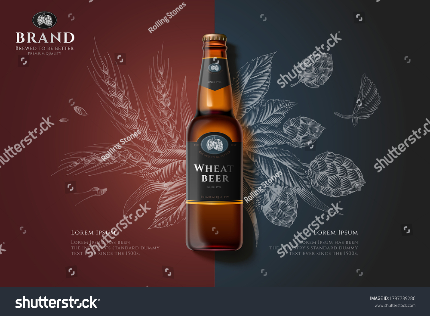 Wheat beer bottle in 3d illustration over malt and hops engraving design on brown and grey background #1797789286