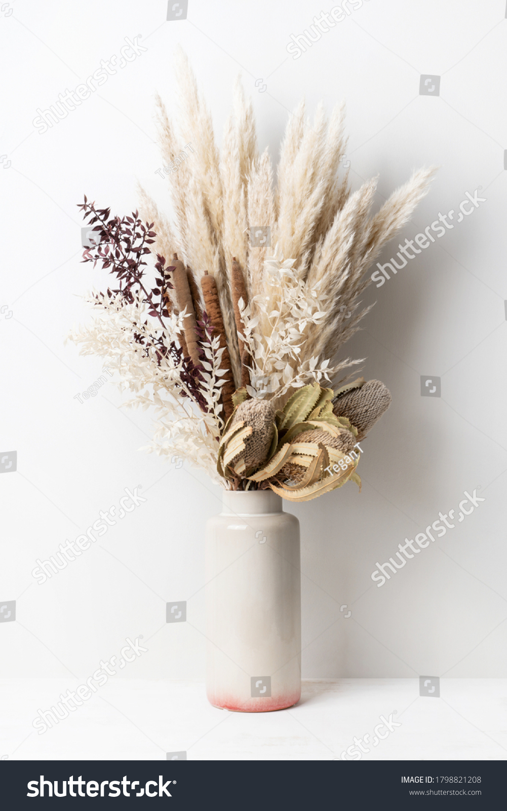 Stylish modern dried flower arrangement in a cream and pink vase. Including Banksia, pampas grass, bulrush and ruscus leaves. Art decoBoho gift for Anniversary, birthday, mothers day. #1798821208