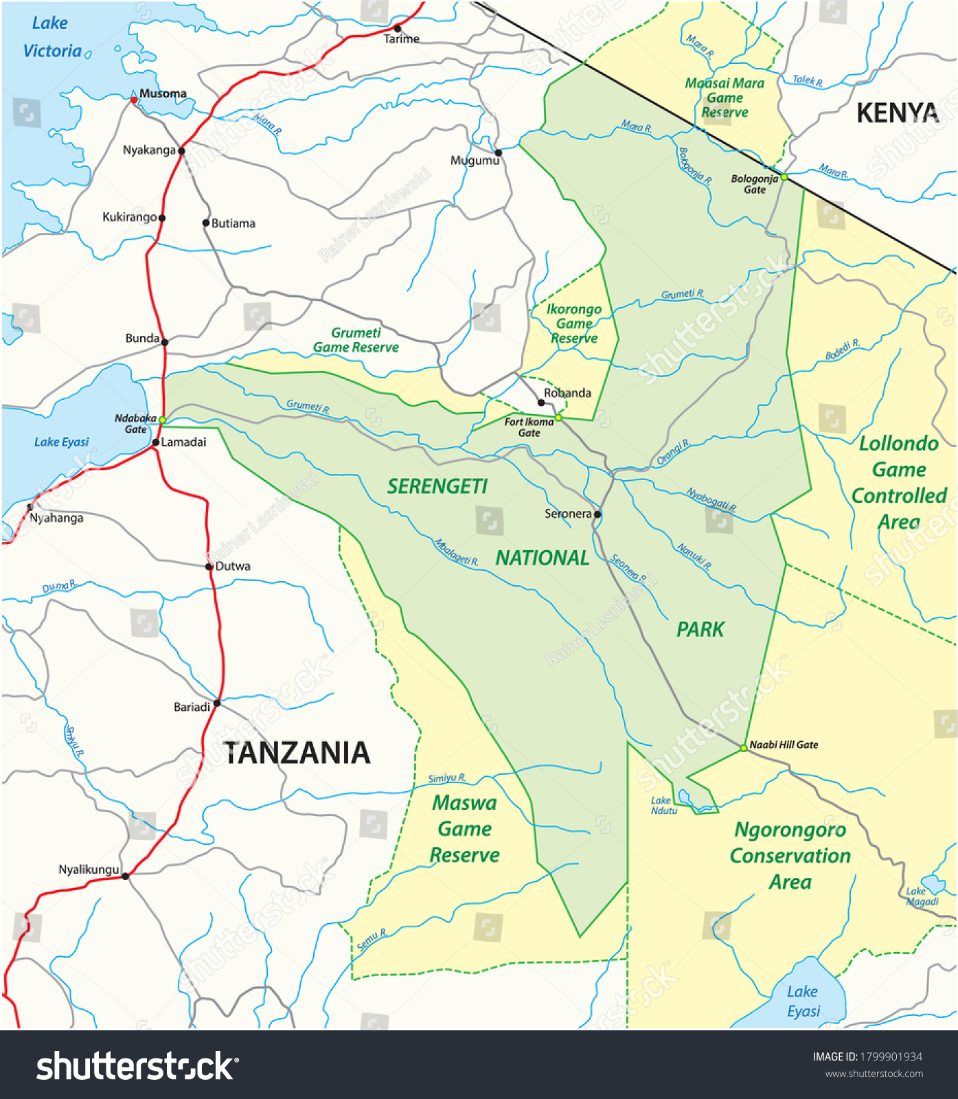 vector road map of Serengeti National Park in - Royalty Free Stock ...