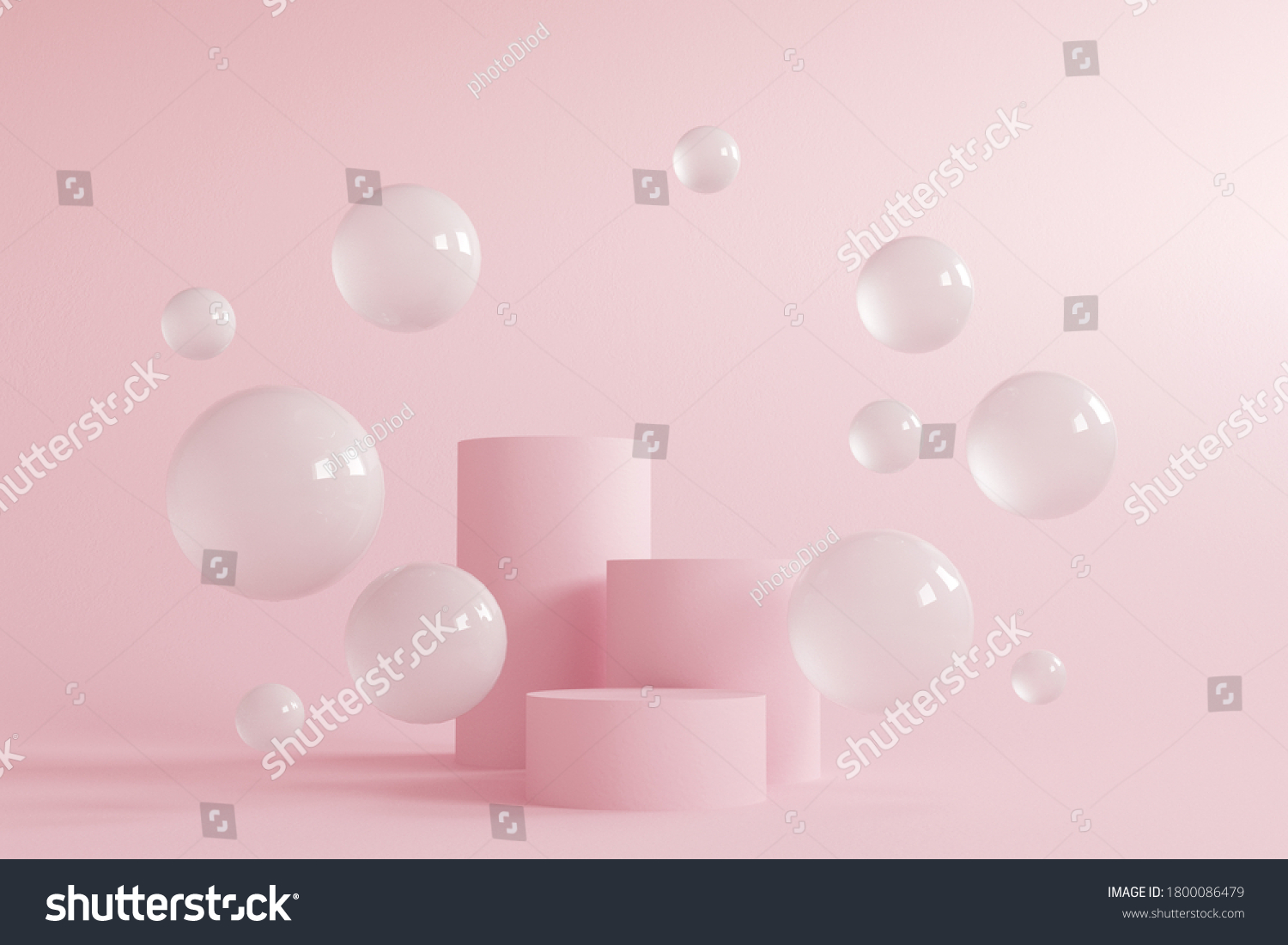 Abstract minimal scene with geometrical forms. Cylinder podiums in cream pink colors. Abstract background. Scene to show cosmetic podructs. Showcase, display case. 3d render. #1800086479