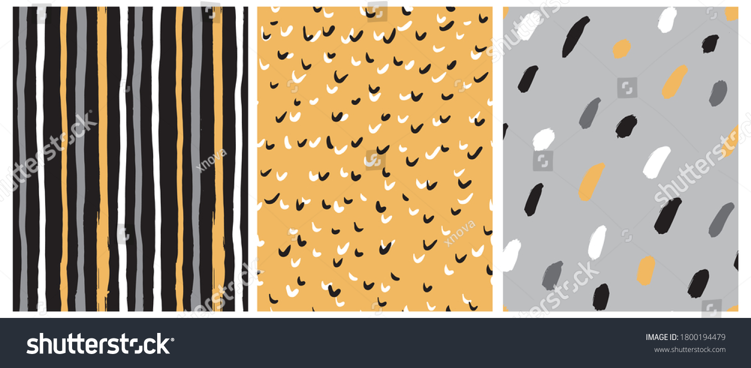 Simple Black, Yellow and Gray Geometric Vector Seamless Pattern with Stripes, Spots and Dots. Irregular Dotted Vector Print. Striped Backdrop. #1800194479