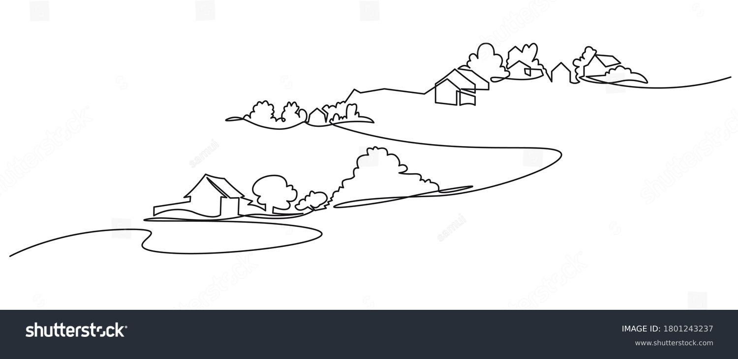 Rural landscape continuous one line vector drawing. Hills, house, trees and road hand drawn silhouette. Country nature panoramic sketch.  #1801243237
