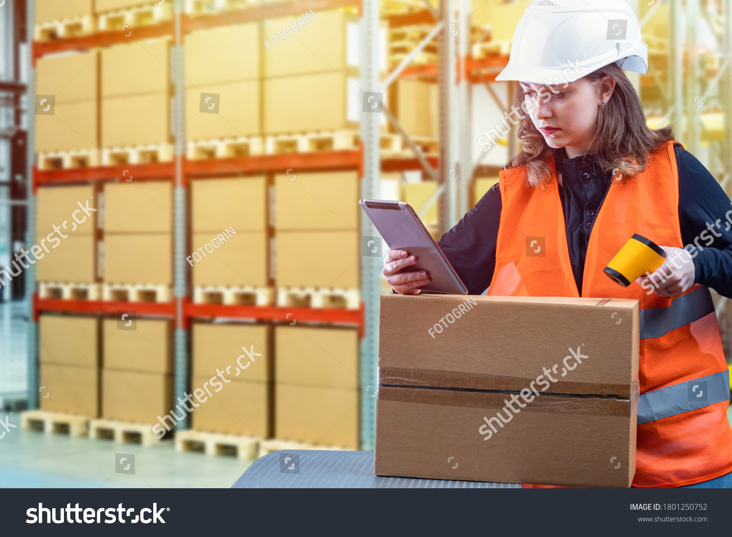 Customs registration. Girl with a scanner in the warehouse. Woman works on customs. Woman uses a barcode scanner. Passage of goods across the border. Customs officer registers postal items. #1801250752