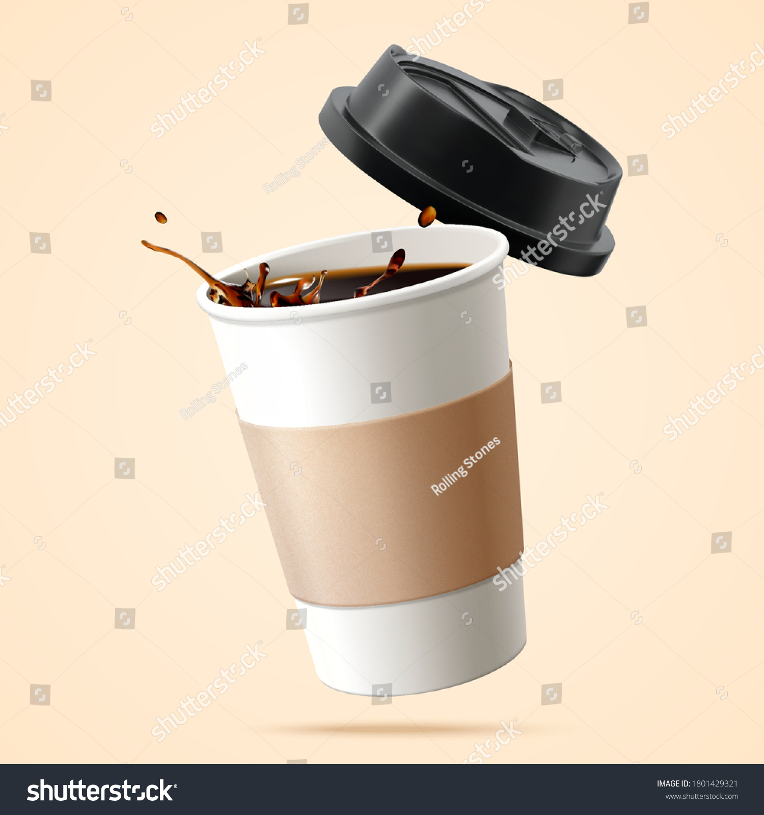 Paper cup filled with black coffee in 3D over beige background #1801429321