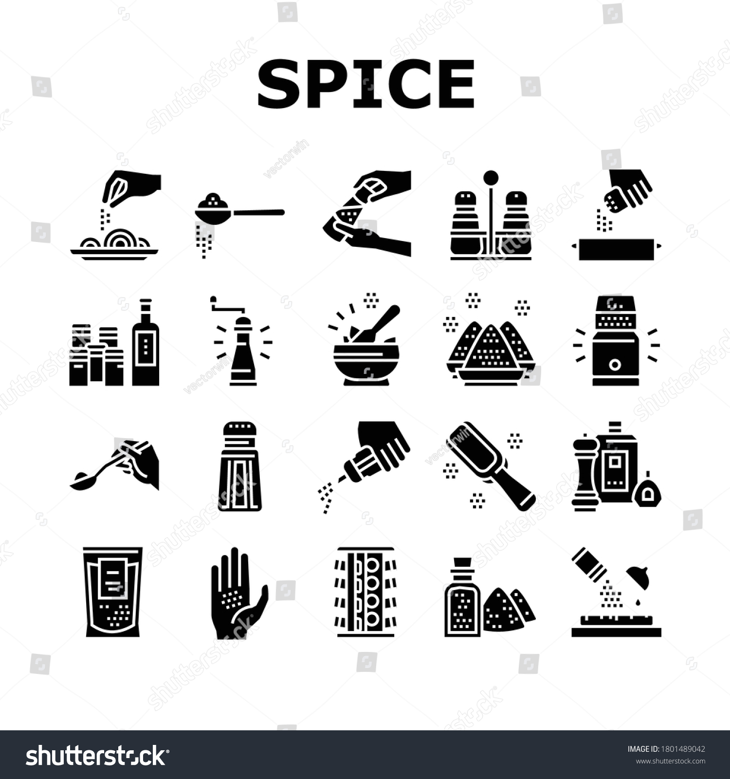 Spice Condiment Herb Collection Icons Set Vector. Salt And Pepper For Flavoring Meal In Kitchen Utensil. Spice On Spoon And Palm Glyph Pictograms Black Illustrations #1801489042