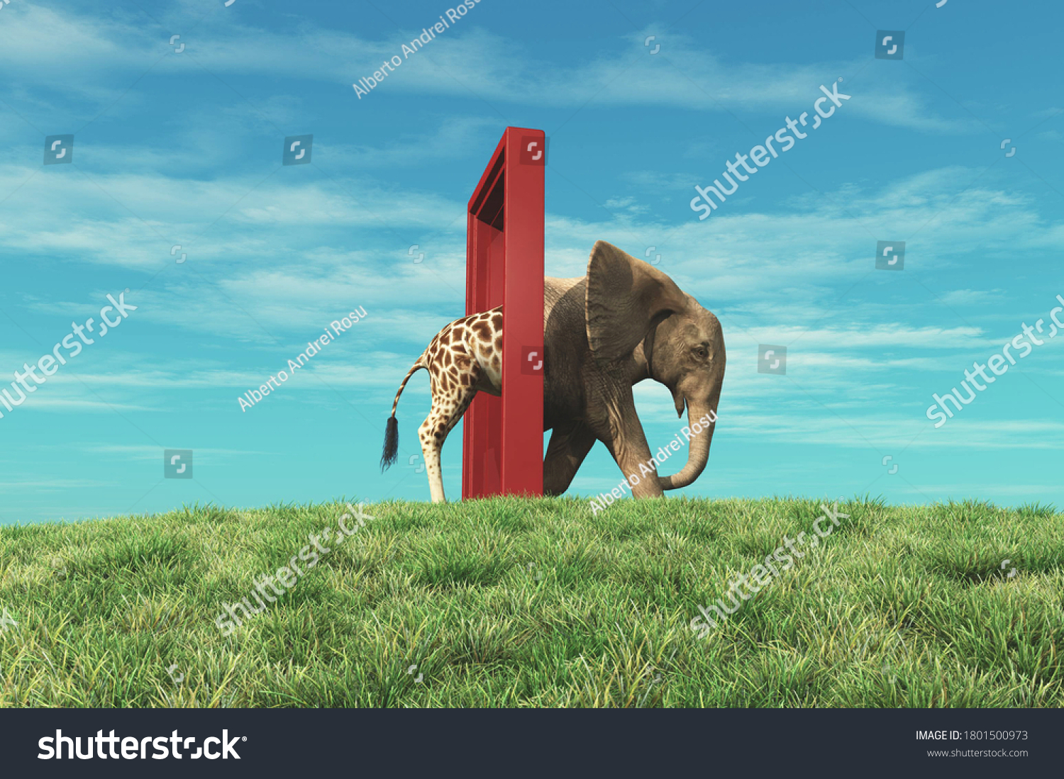 Giraffe entering a door and gets out as an elephant . Changing mindset and different approach concept . Life changing decision and new opportunities . This is a 3d render illustration . #1801500973