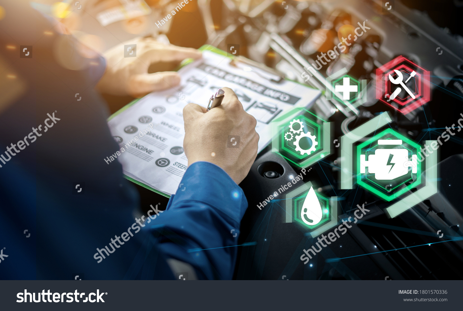 Mechanic engineer futuristic hologram icon repairing diagnosing checking motor vehicle car parts fixing issues problem broken engine, using clipboard pen man in professional uniform working in garage #1801570336