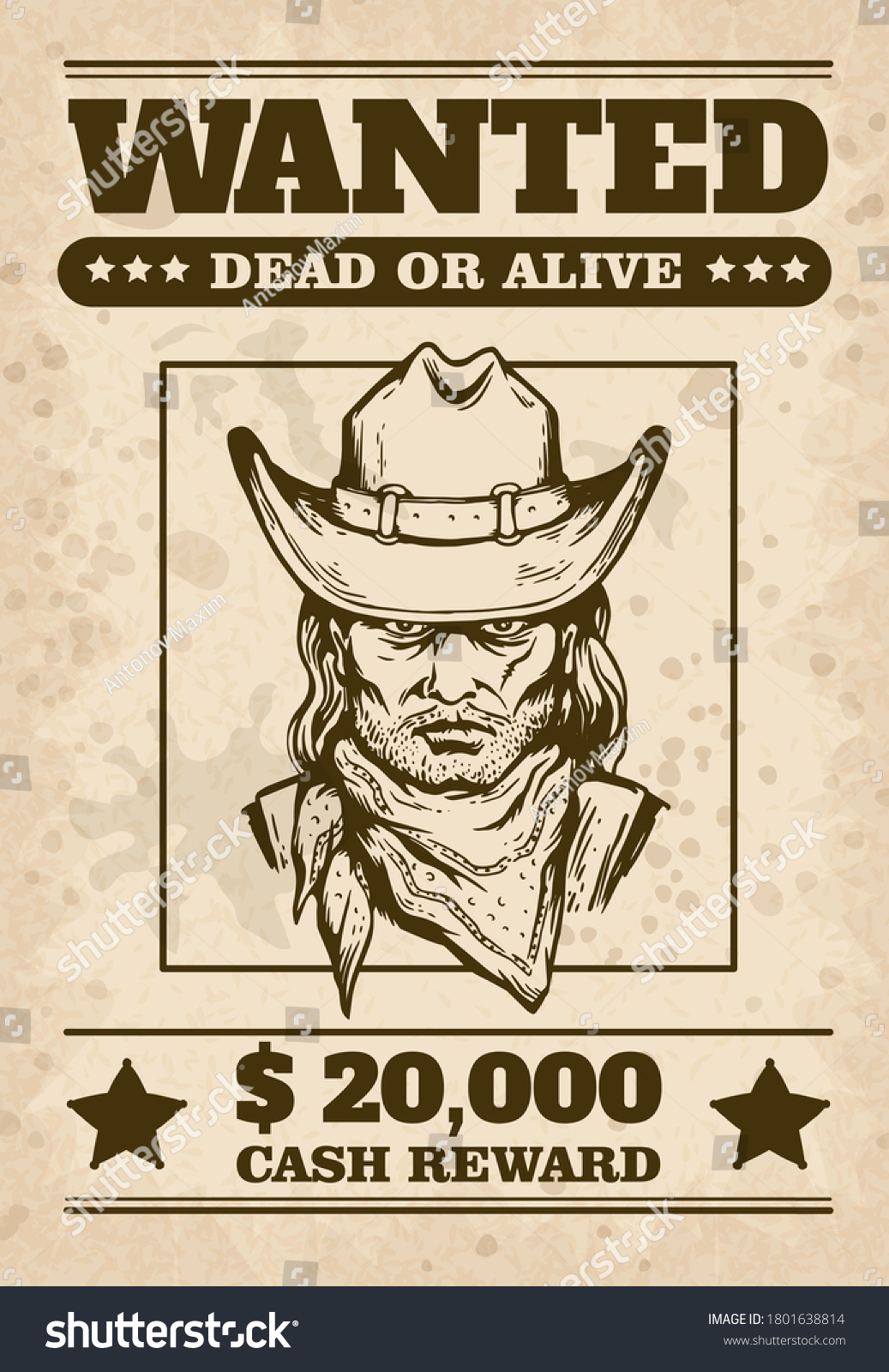 Wild west wanted poster design with cowboys face, sketch cartoon vector illustration. Vintage sheriff poster with grunge effect for the search for criminals. #1801638814