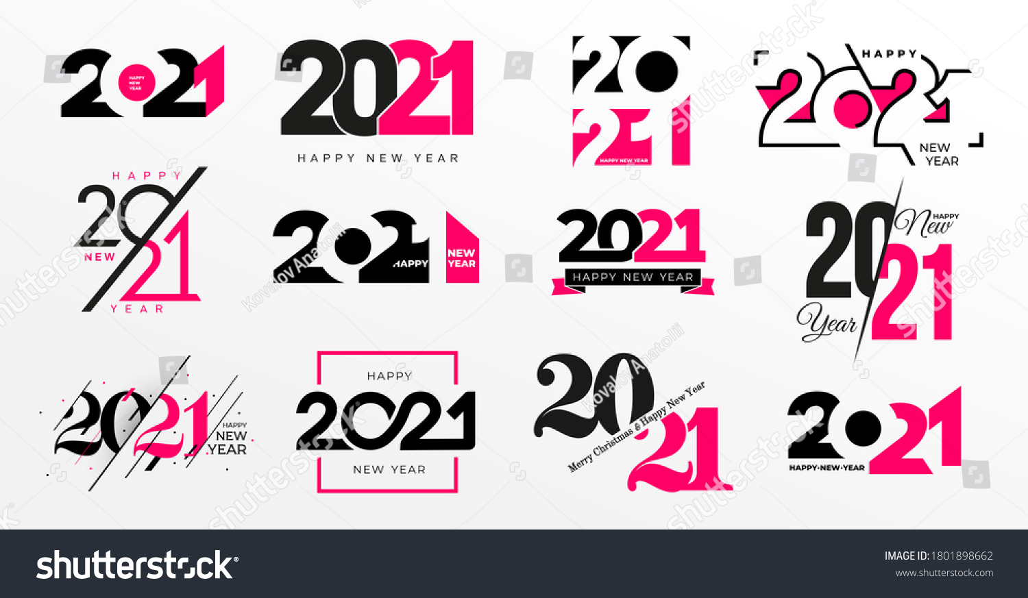 Big Collection of 2021 Happy New Year logo text design. 2021 number design template. Vector happy new year symbols with pink and black labels isolated on white background. Greeting card template. #1801898662