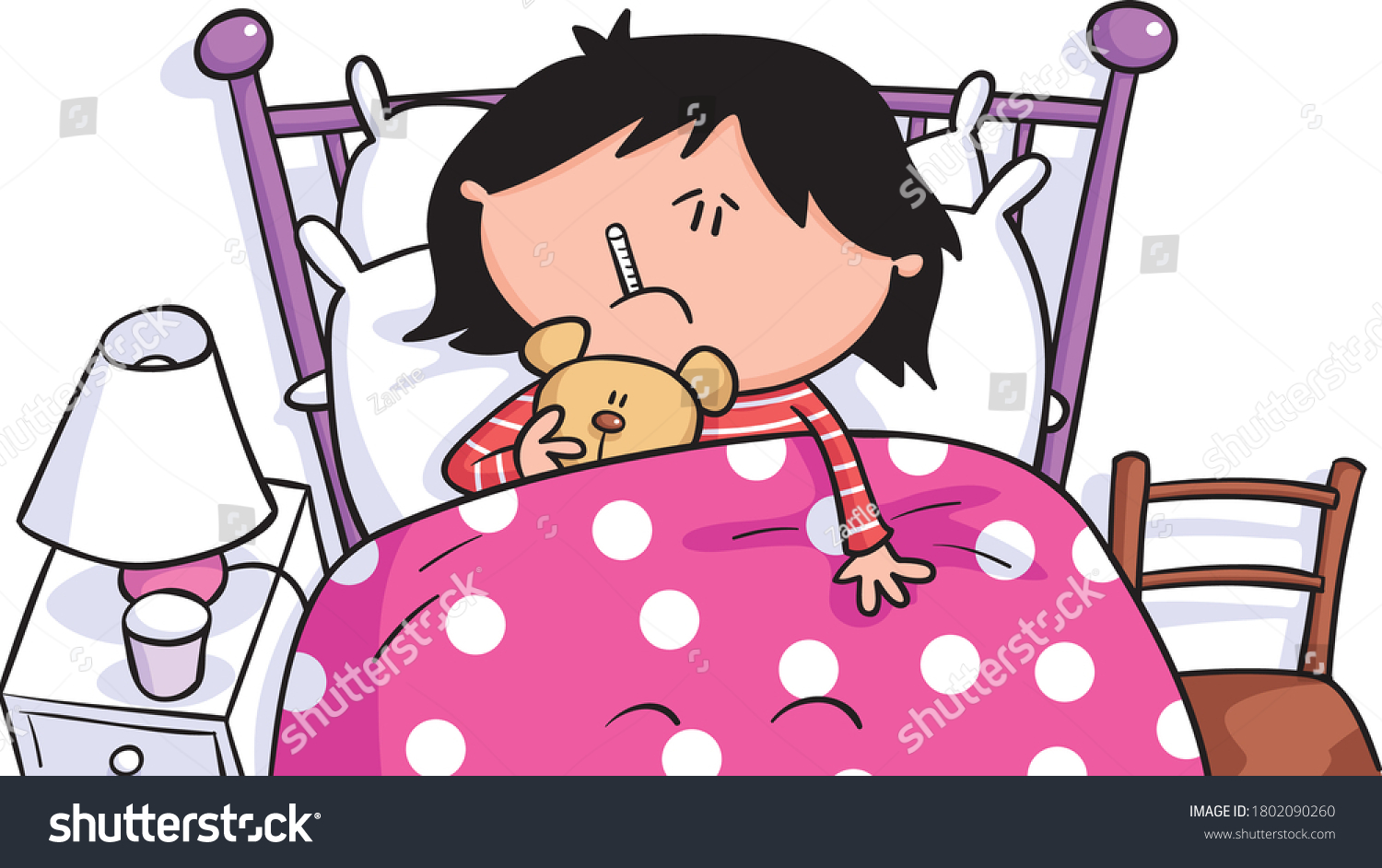 Nice cartoon illustration of poorly child in bed - Royalty Free Stock ...