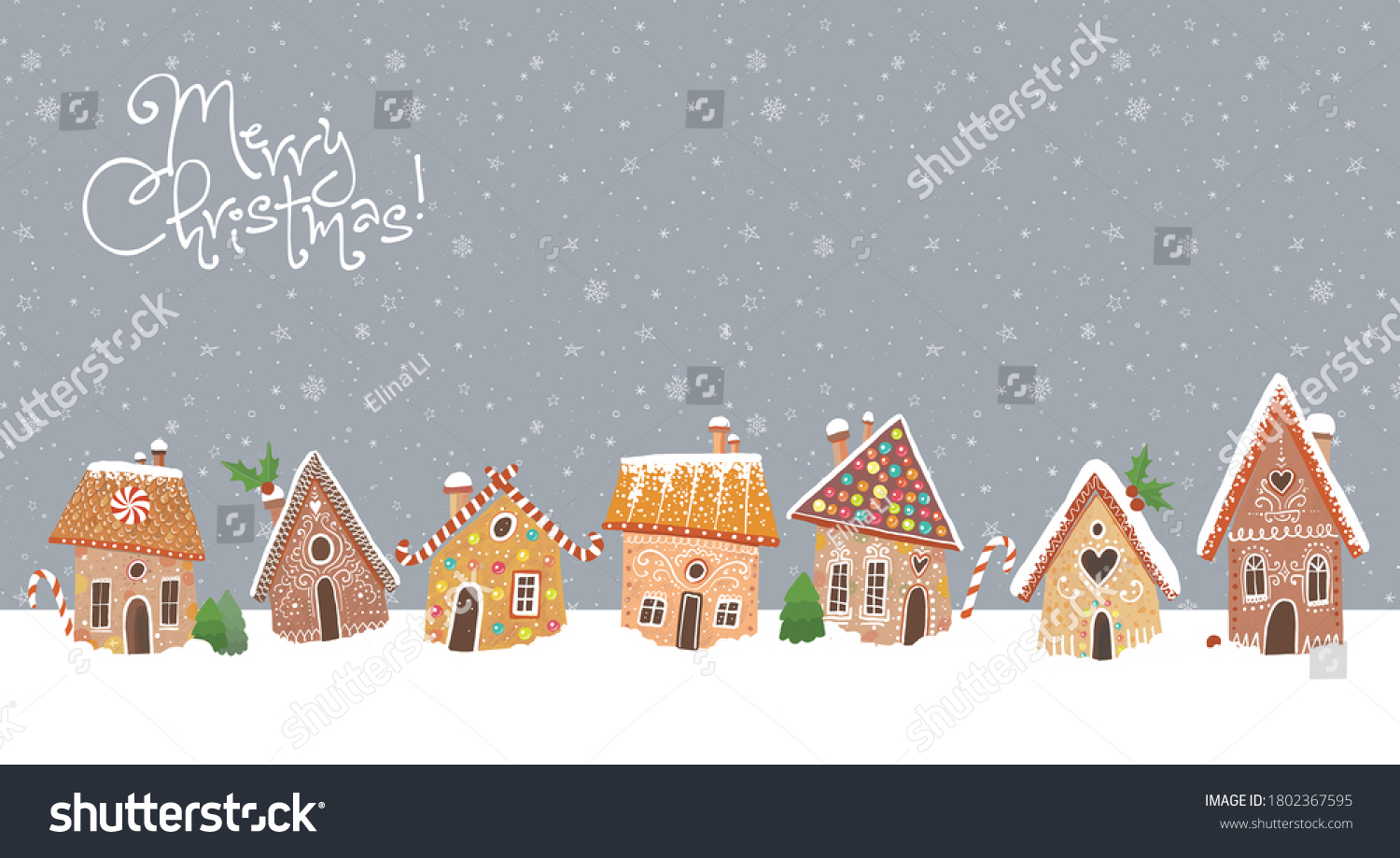 Christmas greeting card with cute gingerbread houses. #1802367595
