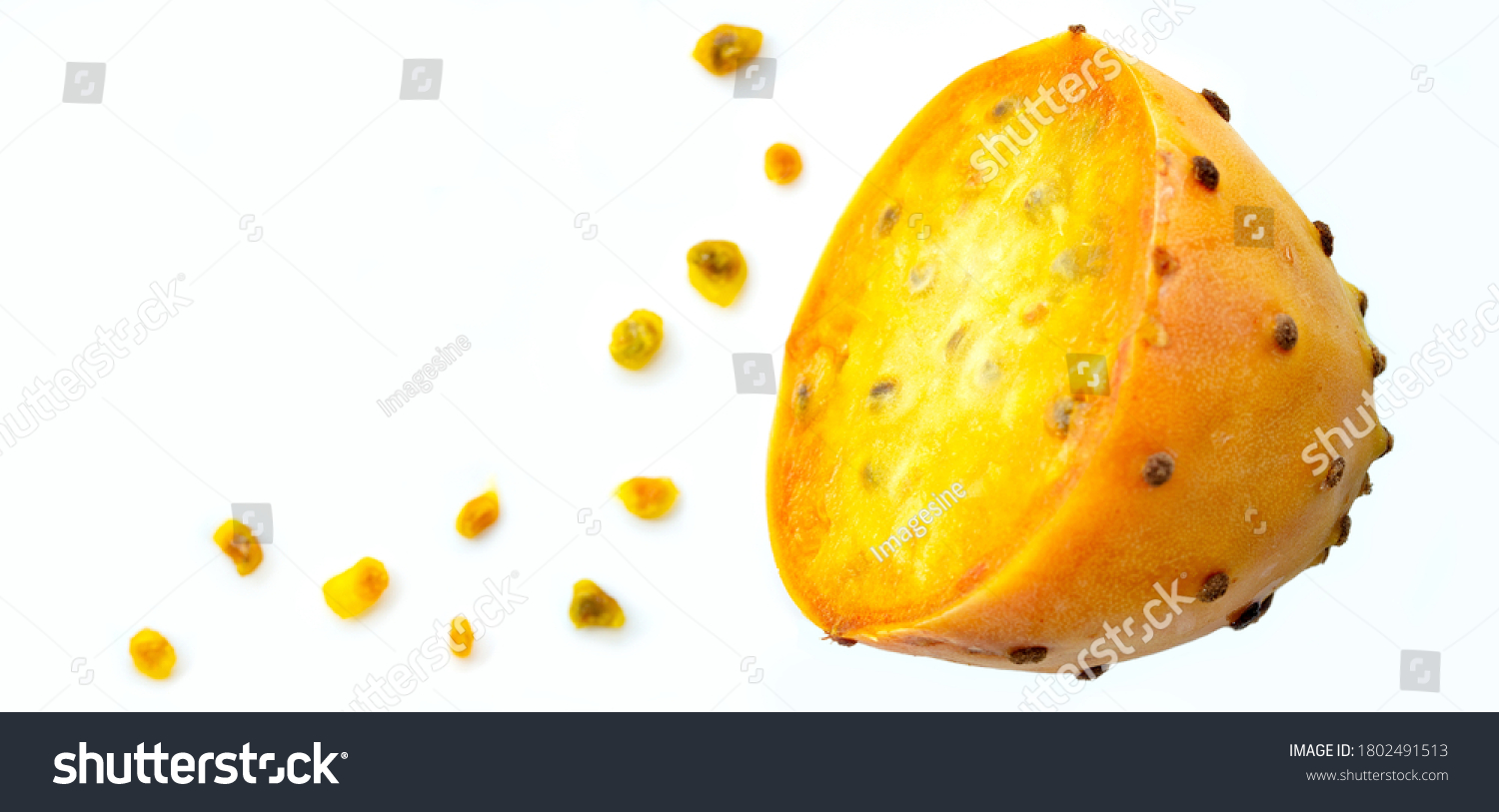 Prickly pear fruit in half across isolated on white background. Fresh sliced prickly pear and a lot of seeds with copy space. Sabra fruit. neon fruits - nopales cactus #1802491513