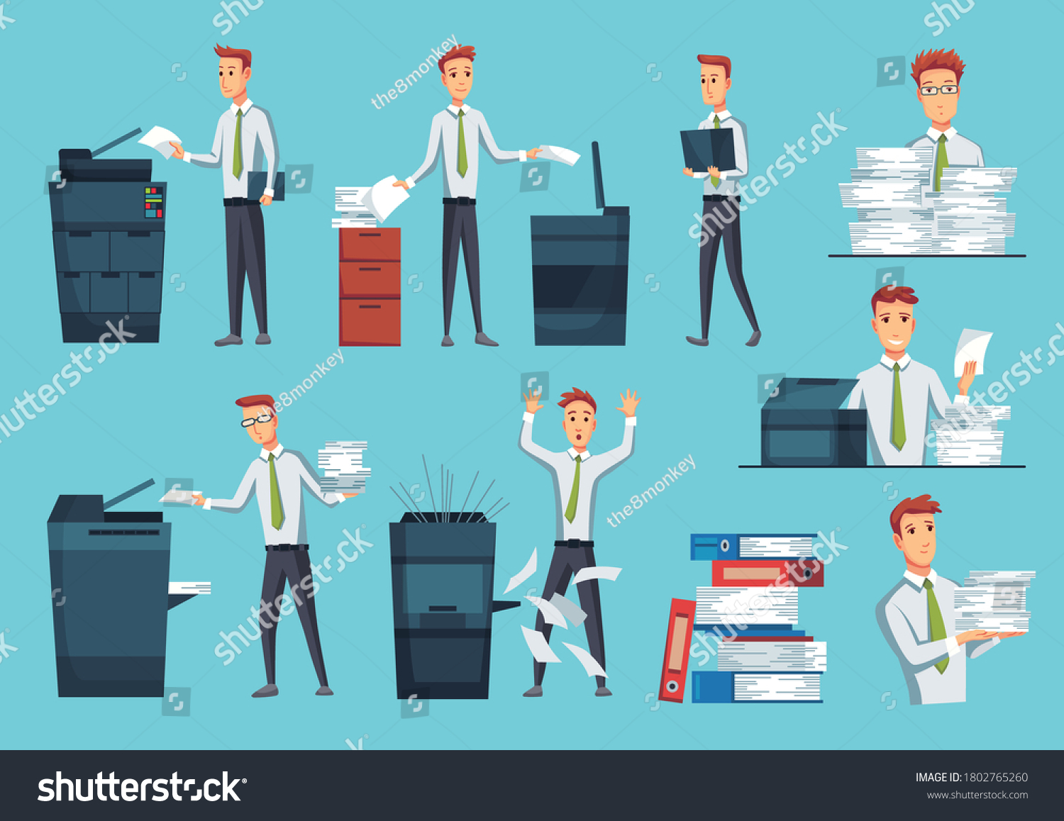 Collection of office documents copiers. Office workers prints documents on the copier. Mans works on a photocopier. Concept of office work #1802765260