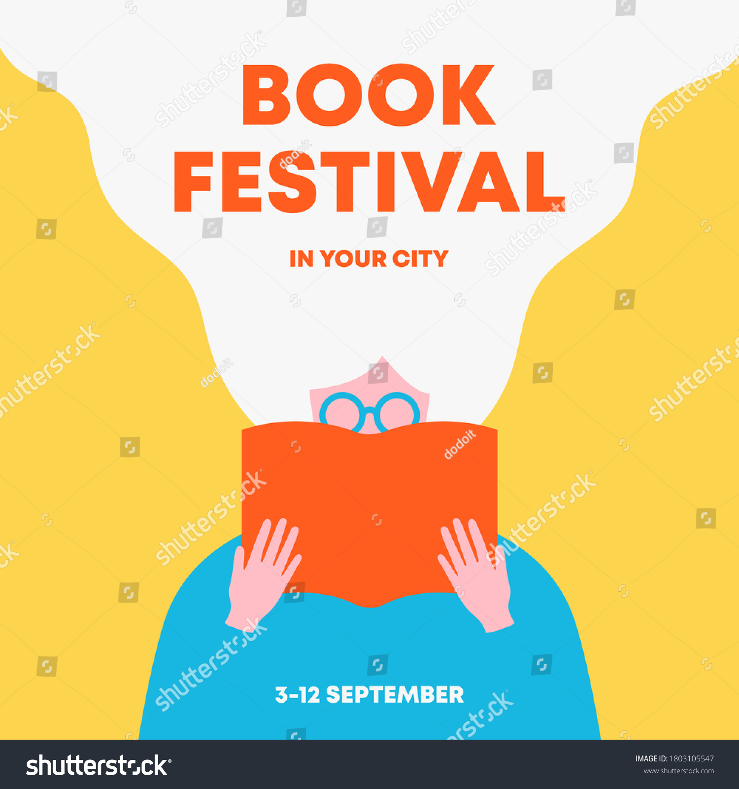 Woman holding an open book and reading. Poster for books festival, education, culture festival day, library or other reading or literature event. Front view. Trendy flat vector illustration. #1803105547