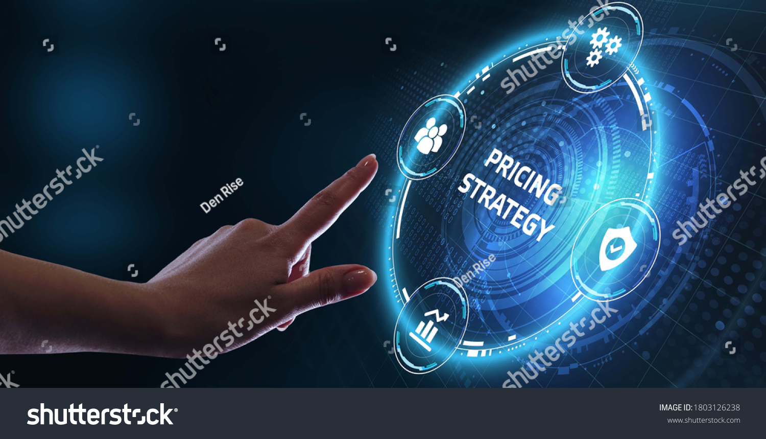 Business, Technology, Internet and network concept. Young businessman shows the word on the virtual display of the future: Pricing strategy                                #1803126238