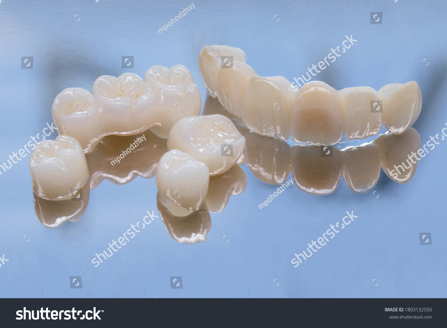 Metal Free Ceramic Dental Crowns. Ceramic zirconium in final version. Staining and glazing. Precision design and high quality materials. #1803132550