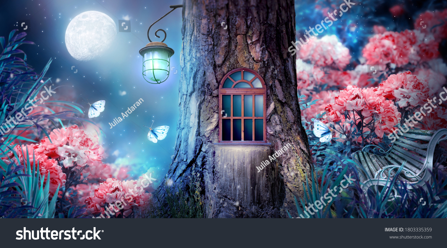 Magical fantasy elf or gnome house in tree with window and lantern, bench in enchanted fairy tale forest with fabulous fairytale blooming pink rose flower garden and shiny glowing moon rays in night #1803335359