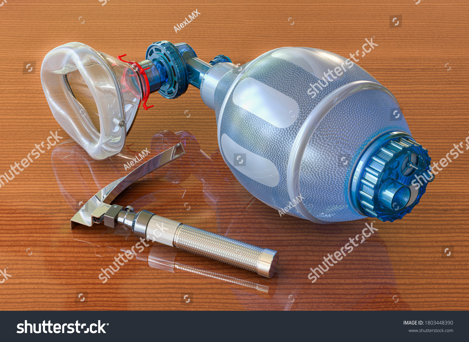 Laryngoscope and Ambu Bag for ventilation resuscitation on wooden table, 3D rendering #1803448390
