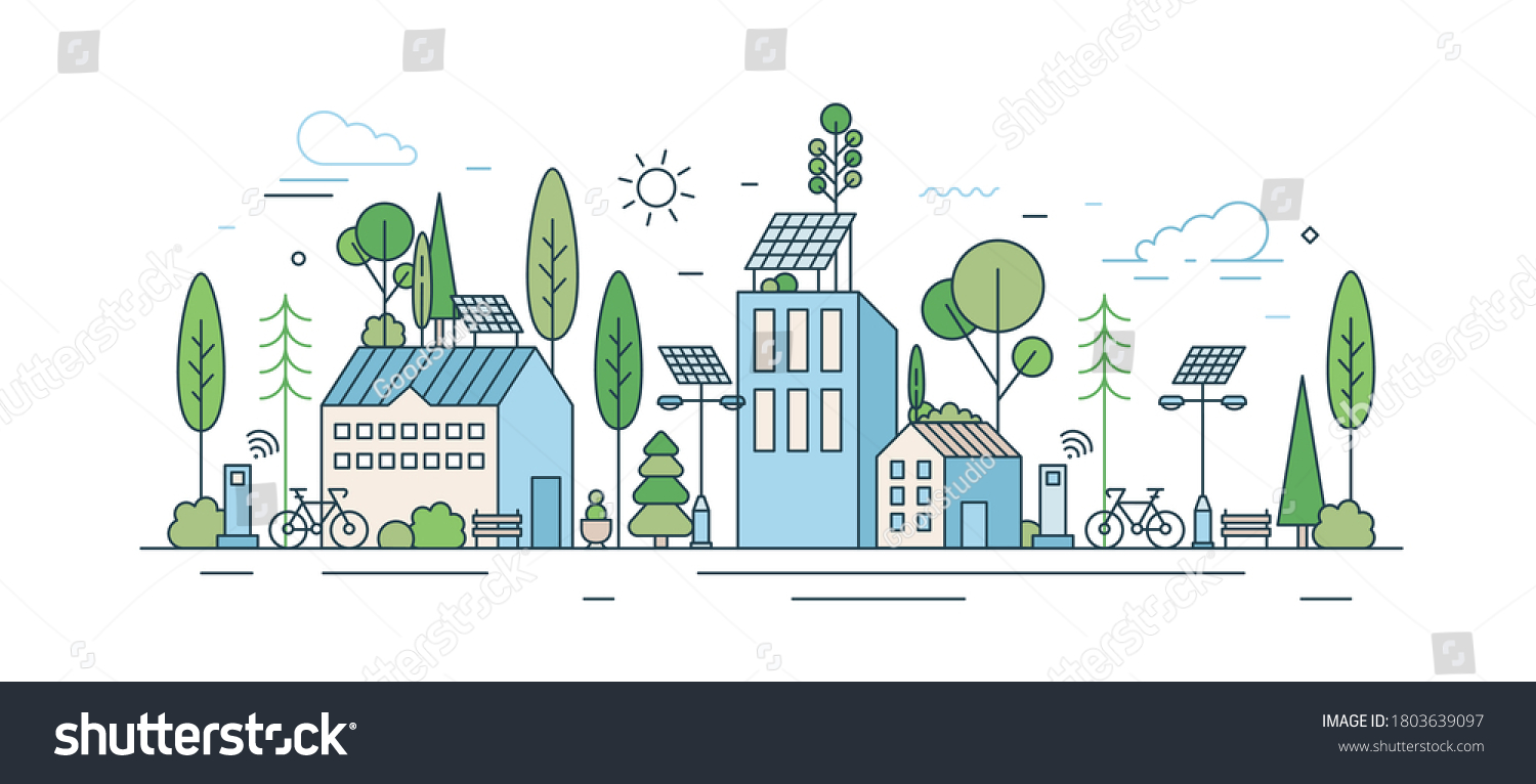 Cityscape with modern eco friendly technology vector illustration in line art style. Municipal area with ecology transport, wi-fi zone, natural park and solar energy equipment isolated on white #1803639097