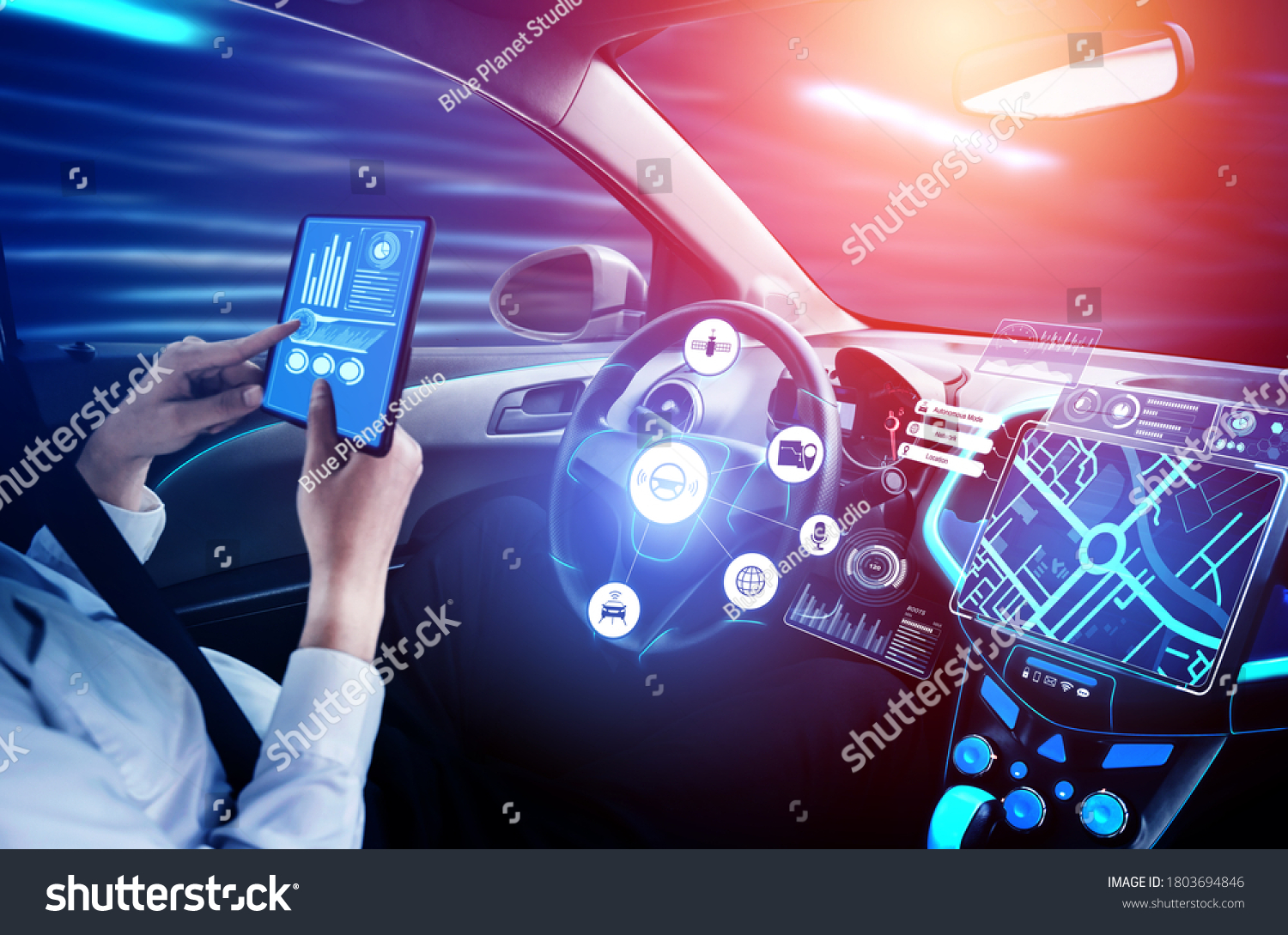 Driverless car interior with futuristic dashboard for autonomous control system . Inside view of cockpit HUD technology using AI artificial intelligence sensor to drive car without people driver . #1803694846
