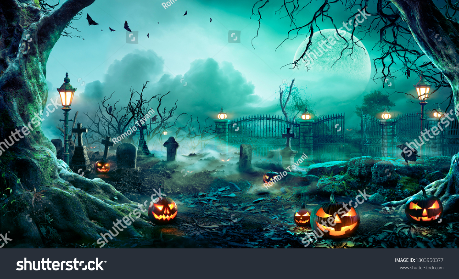 Pumpkins In Graveyard In The Spooky Night - Halloween Backdrop #1803950377