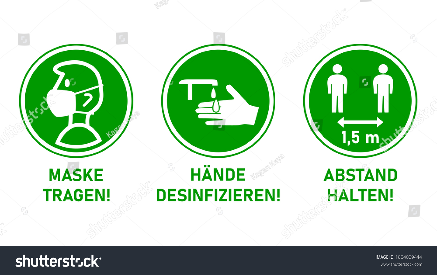 Round Instruction Signs in German with Basic Set of Measures against the Spread of Coronavirus Covid-19 including Wear a Mask, Sanitize Hands and Keep Distance 1,5 m or 1,5 Meters. Vector Image. #1804009444