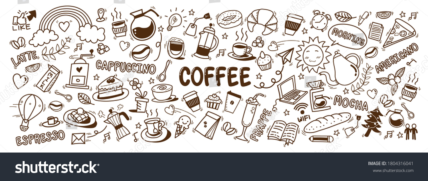 cute doodle cartoon coffee shop icons. vector outline hand drawn for coffee and bakery for cafe menu, including supply item and equipment isolated on white background. drawing style #1804316041