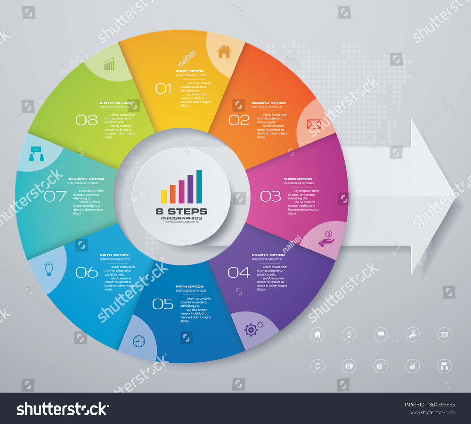 8 Steps Pie Chart Circle Chart With Arrow Royalty Free Stock Vector 1804353835