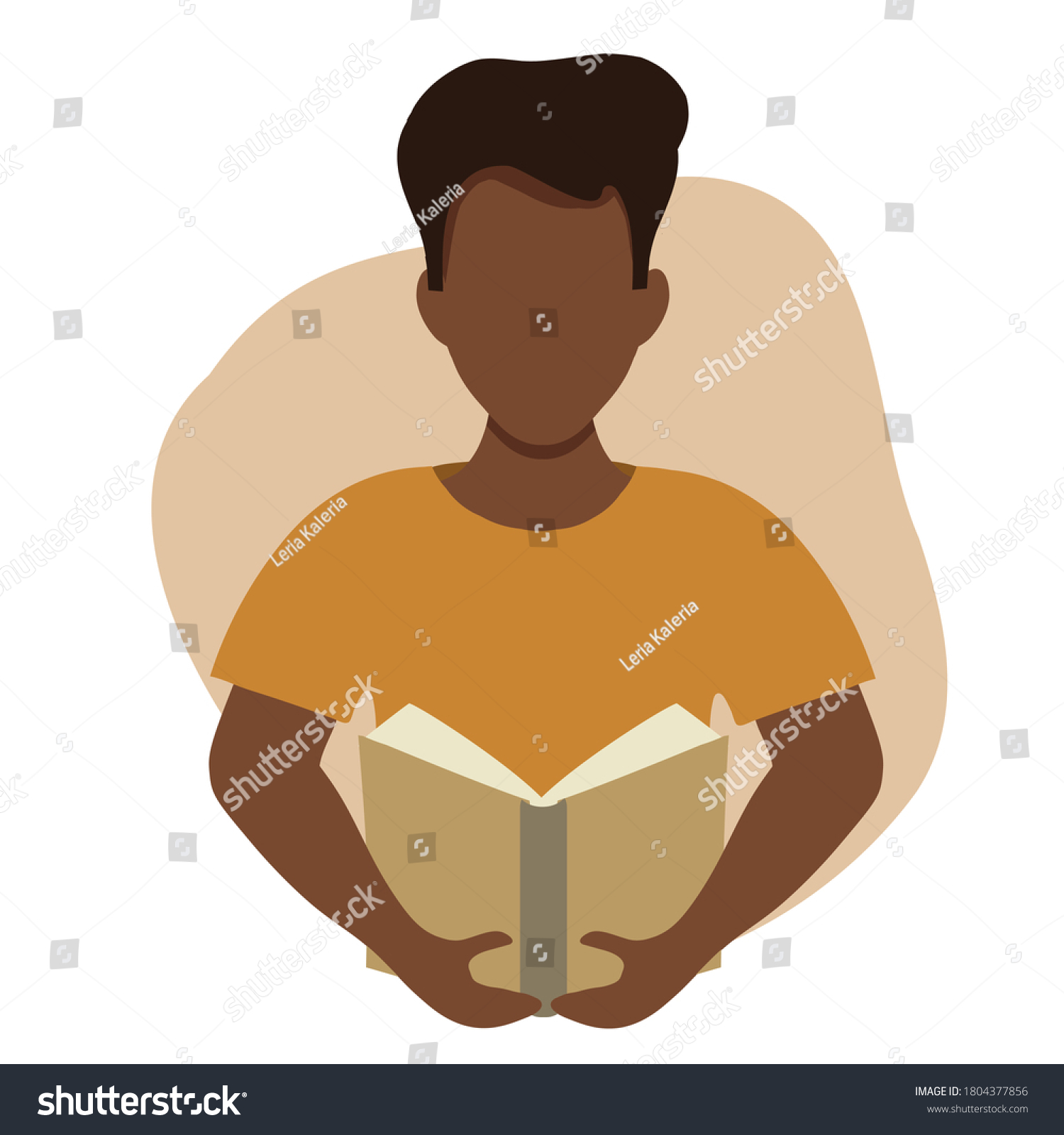 Vector flat illustration of a black man reading a book. Education, training, book lovers club infographics, central illustration. African American man holding a book in flat style. Black guy student. #1804377856