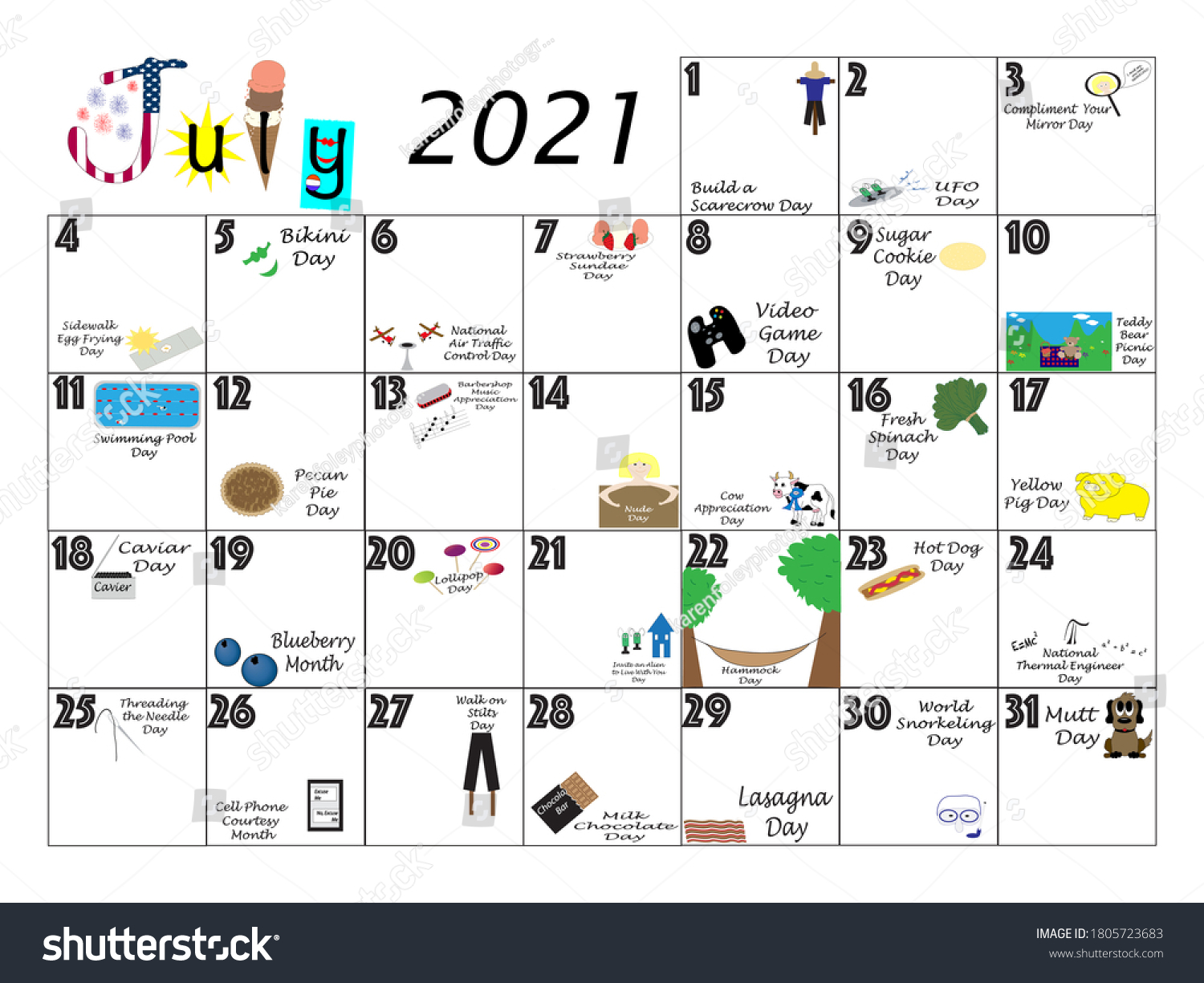 July monthly calendar illustrated and annotated - Royalty Free Stock ...