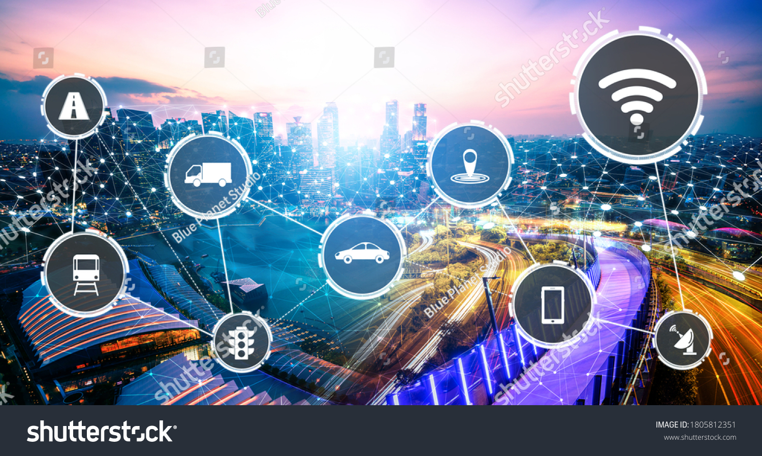 Smart transport technology concept for future car traffic on road . Virtual intelligent system makes digital information analysis to connect data of vehicle on city street . Futuristic innovation . #1805812351