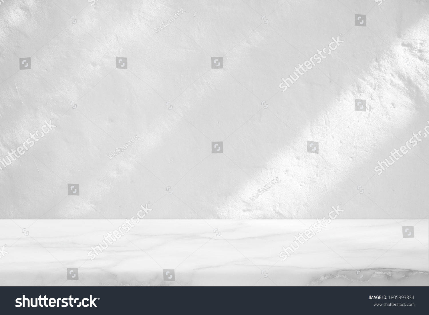 Marble Table with White Stucco Wall Texture Background with Light Beam and Shadow, Suitable for Product Presentation Backdrop, Display, and Mock up. #1805893834