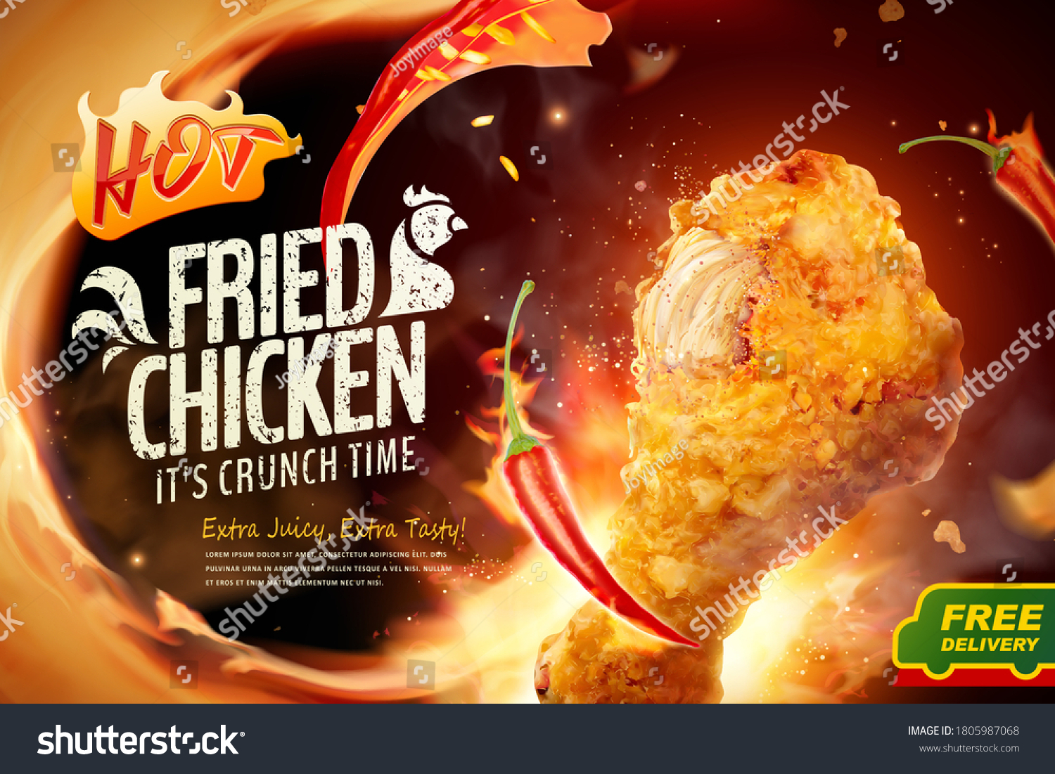 Delicious fried chicken in 3d illustration with fire and chili, concept of spicy flavor #1805987068