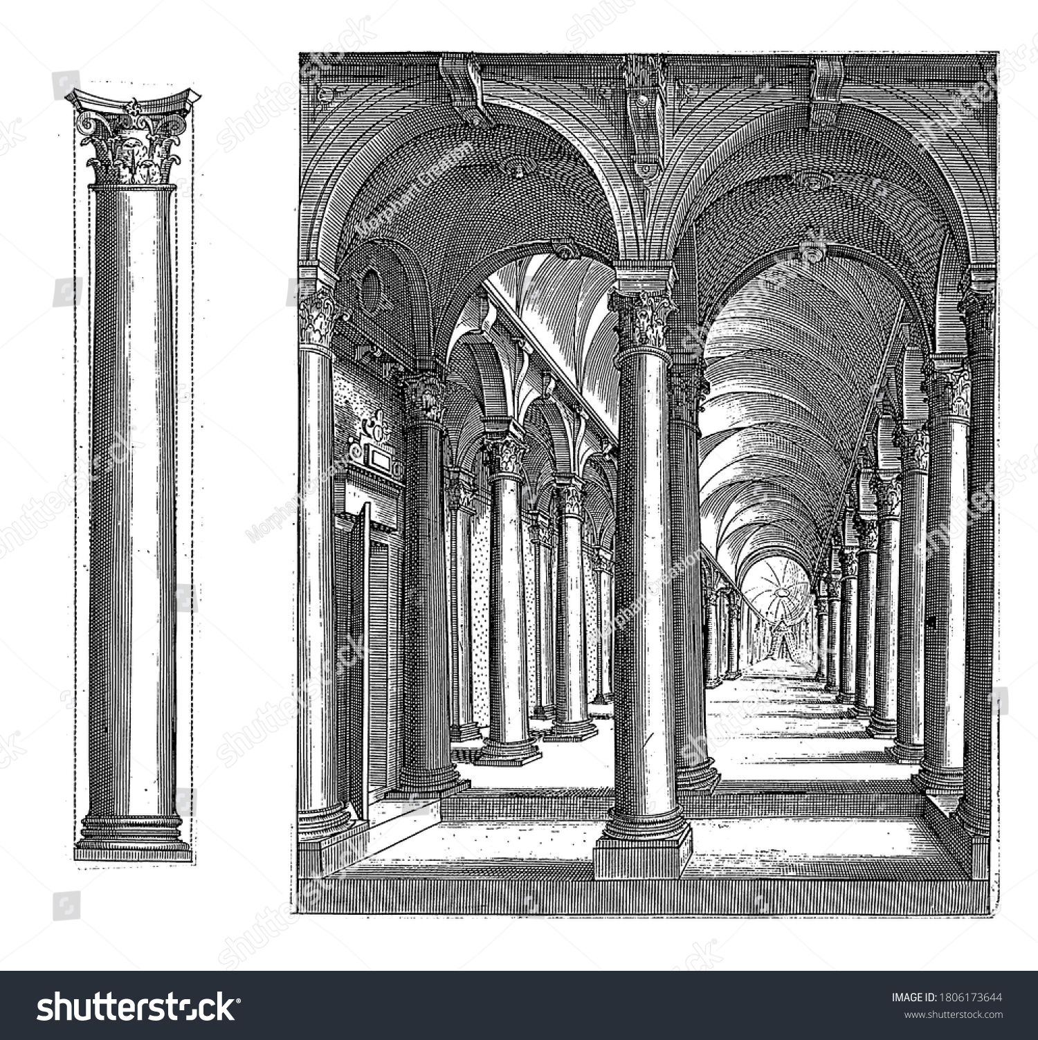 Column of the Corinthian order and a portico, Column of the Corinthian order and a portico with columns of the Corinthian building order, vintage engraving. #1806173644