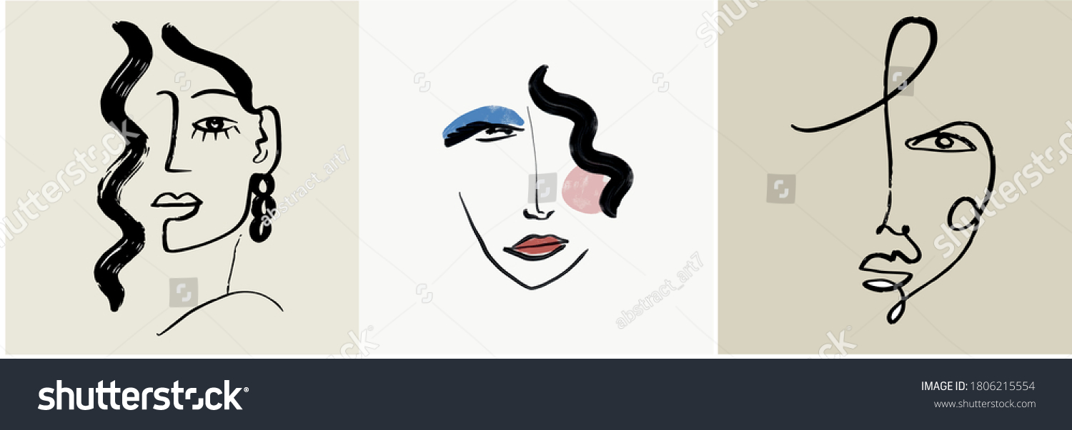 Set of creative templates in trendy style with one line face portrait, contemporary abstract colorful shapes. Cubism face. Design promotion.  #1806215554